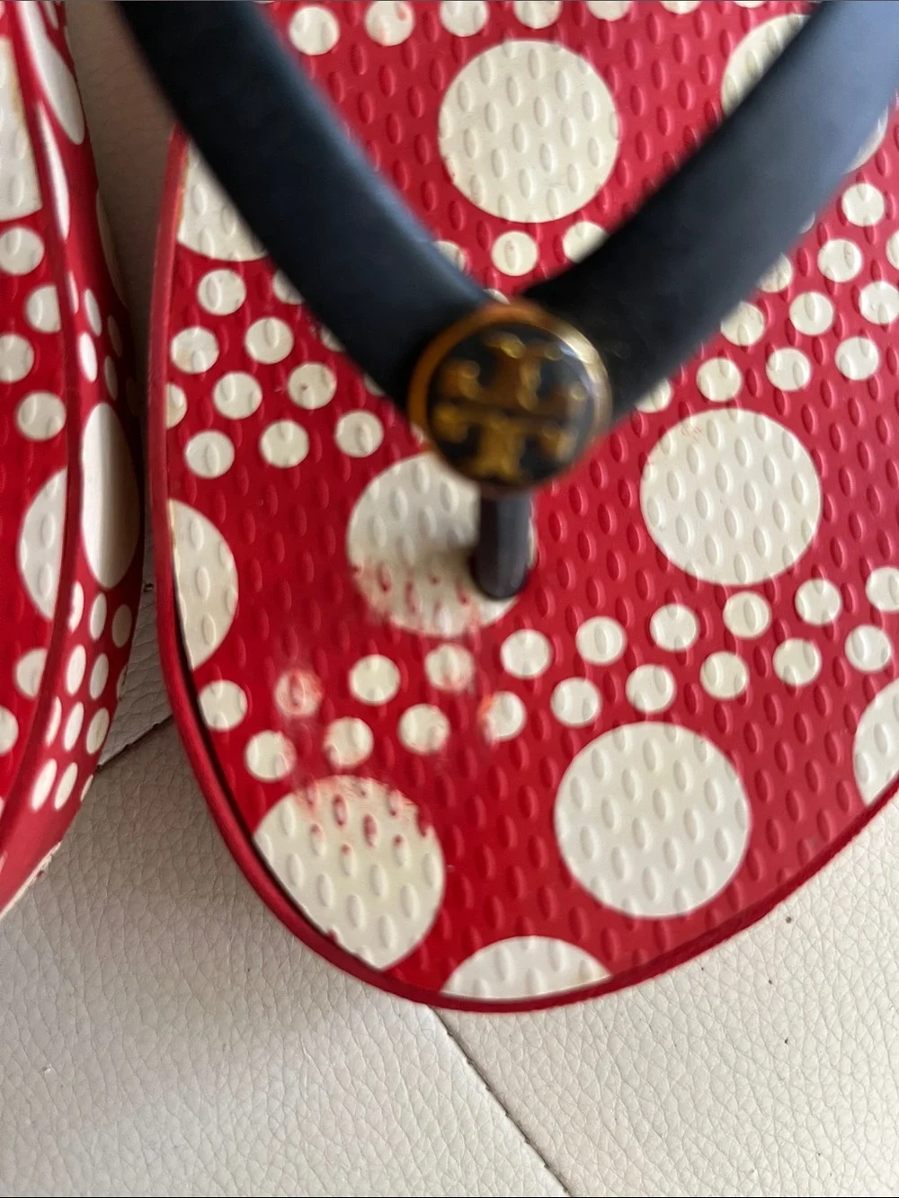 Tory Burch Red & Cream Polka Dot Flip Flop Sandals with Blue straps